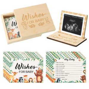 R HORSE 50Pcs Wishes for Baby Cards, Woodland Baby Advice Cards for Baby Shower Guest Book Alternatives, Wishes Cards with Wooden Baby Keepsake Box Sonogram Photo Frame for Baby Shower Game