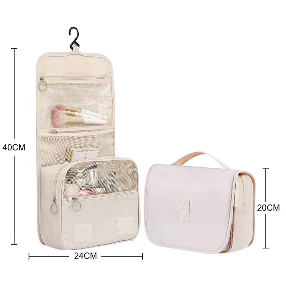 Fxkoolr Toiletry Bag for Women Hanging Makeup Bags Organizer Travel Bag for Toiletries Cosmetic Bag Waterproof Bathroom Shower Bag with Hook (Beige)