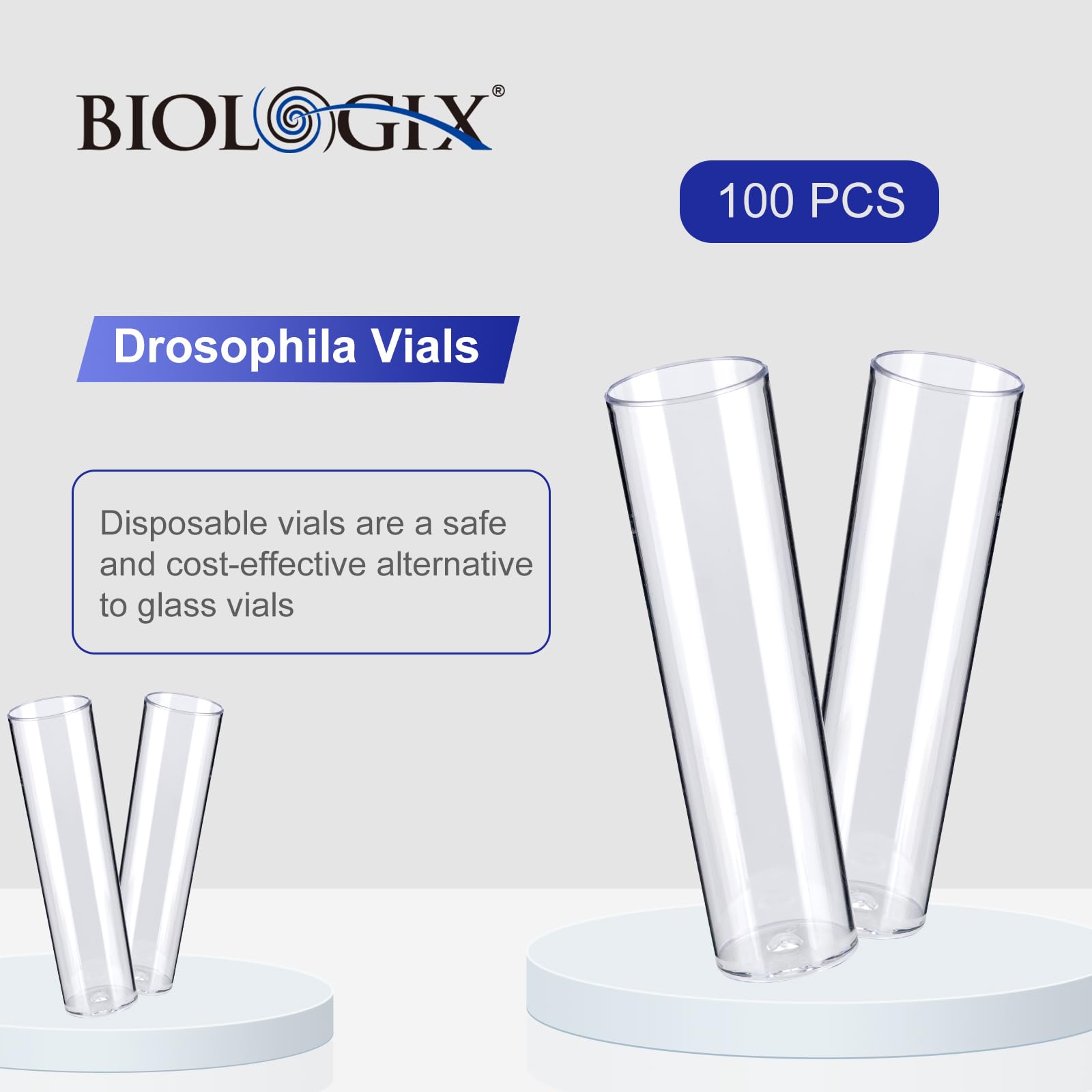 100Pcs Biologix Drosophila Vials with Tray, 25 x 95mm Narrow Vials for Drosophila Culture, Disposable Vials Plastic for Observation – Polystyrene (PS) Lab Vials with Rack, Combo Package 100 PCS/Pack