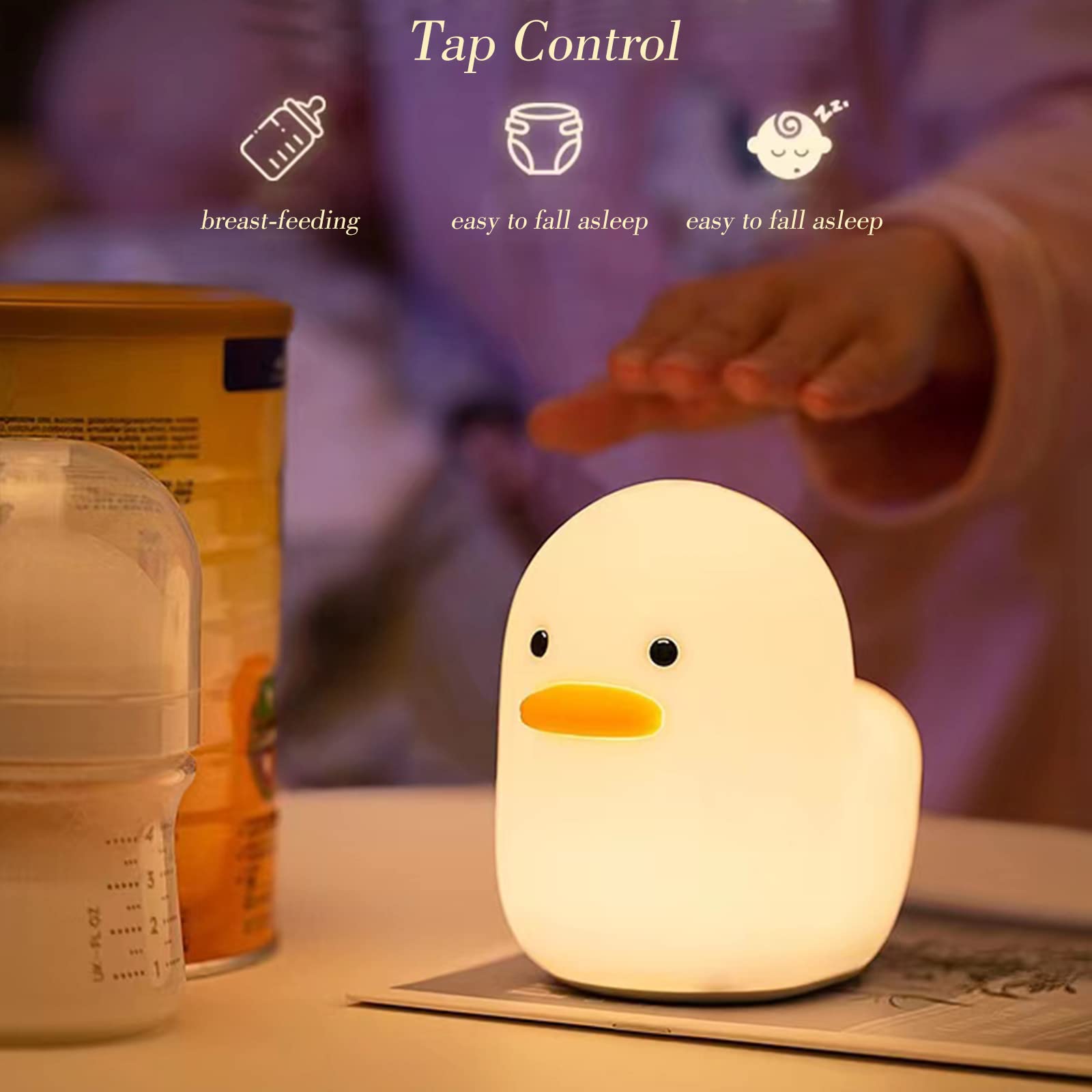 Silicone Duck Night Light for Kids, LED Sleep Nursery Bedside Lamp Rechargeable, with Touch Sensor Timer Parenting Light for Children's Holiday Gift, Yellow