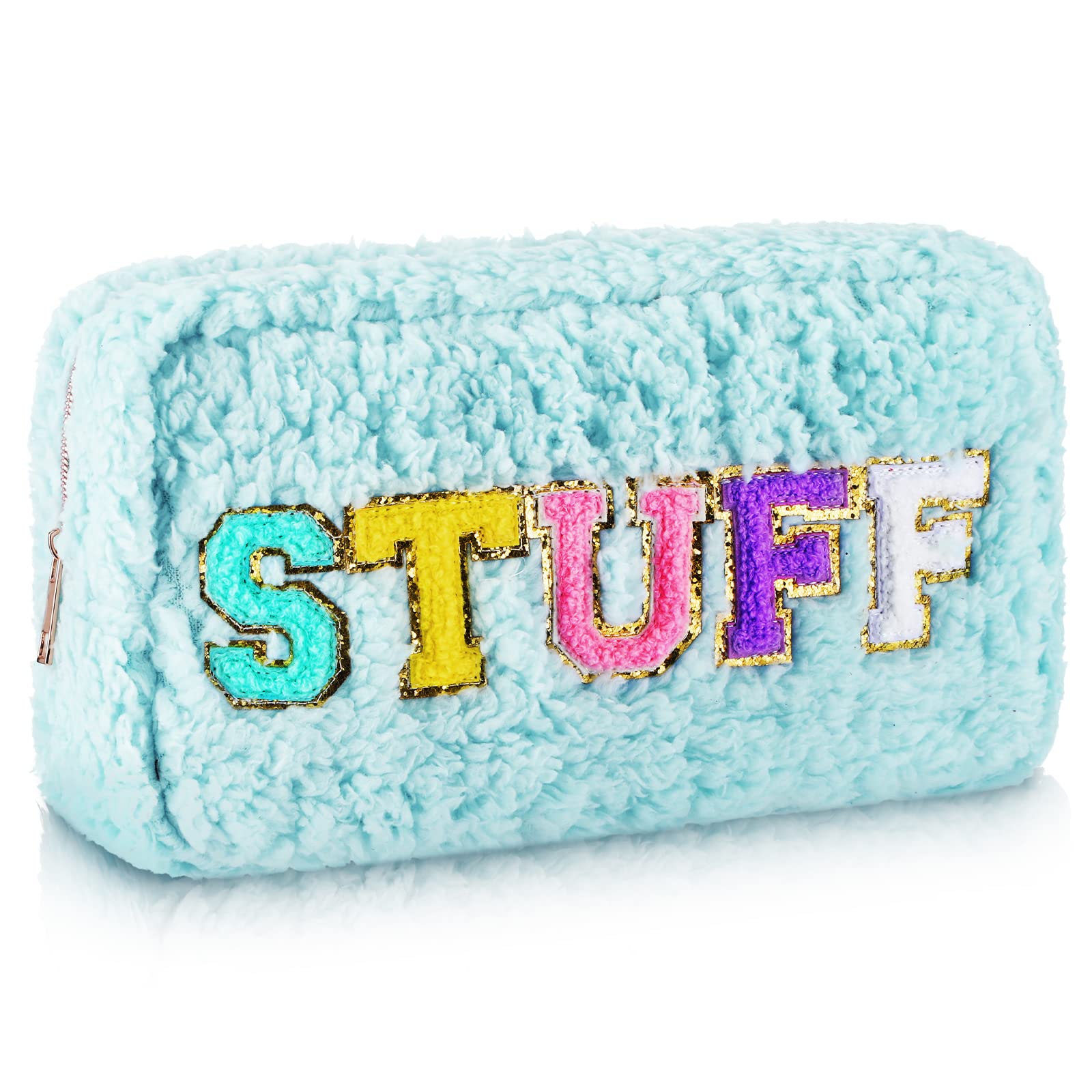 Mixweer Chenille Letters Plush Preppy Makeup Bag Portable Small Travel Cosmetic Bag with Zipper Fleece Pouch Bags for Women Girls Patch Pouches for Toiletries Cosmetic Storage Organizer (Blue, Stuff)