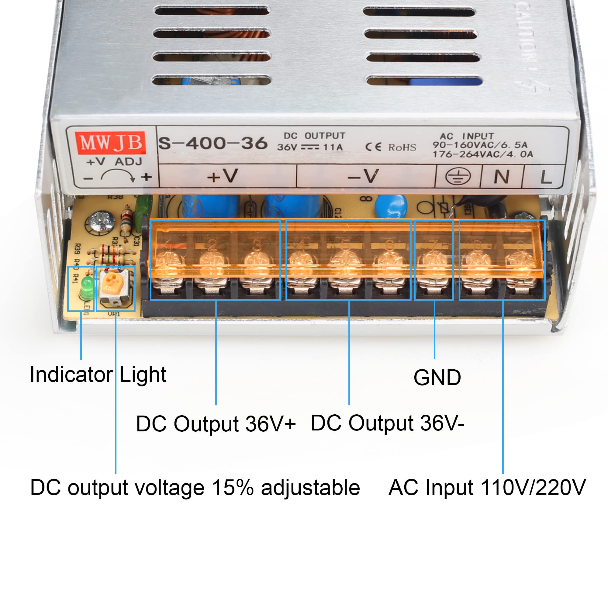 36V/11A DC Power Supply Adapter 400W 110V/220V DC Power Supply with Fine Adjustment Knob AC 110V to DC 36V Voltage Regulator Transformer Built in Cooling Fan