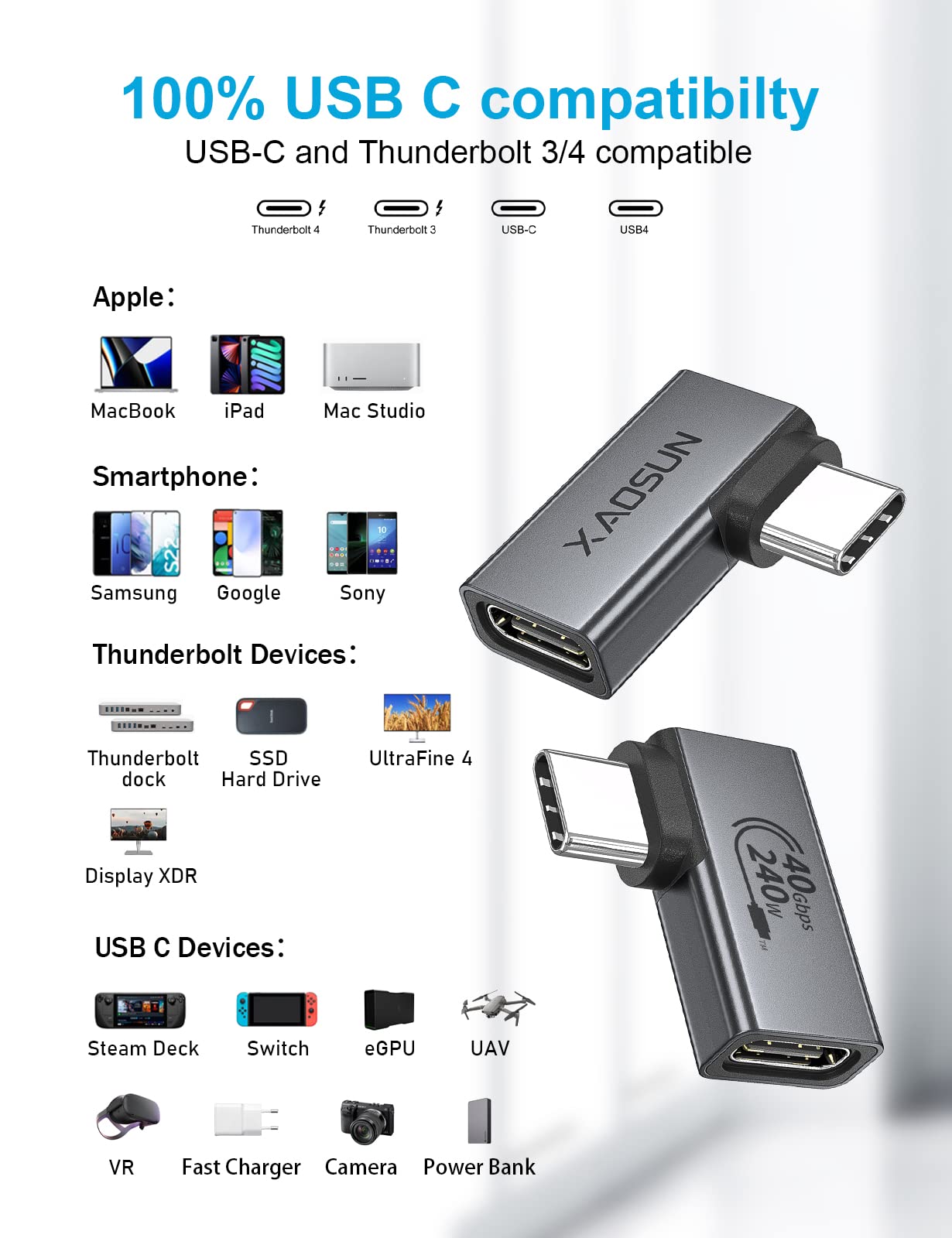 XAOSUN Right Anlge USB C Adapter, 90 Degree USB C to C Adapter 240W 40Gbps, USB C Male to USB C Female Thunderbolt 4 Adapter for MacBook,Tablet,Docks,rog Ally,steam Deck (2 Pack)