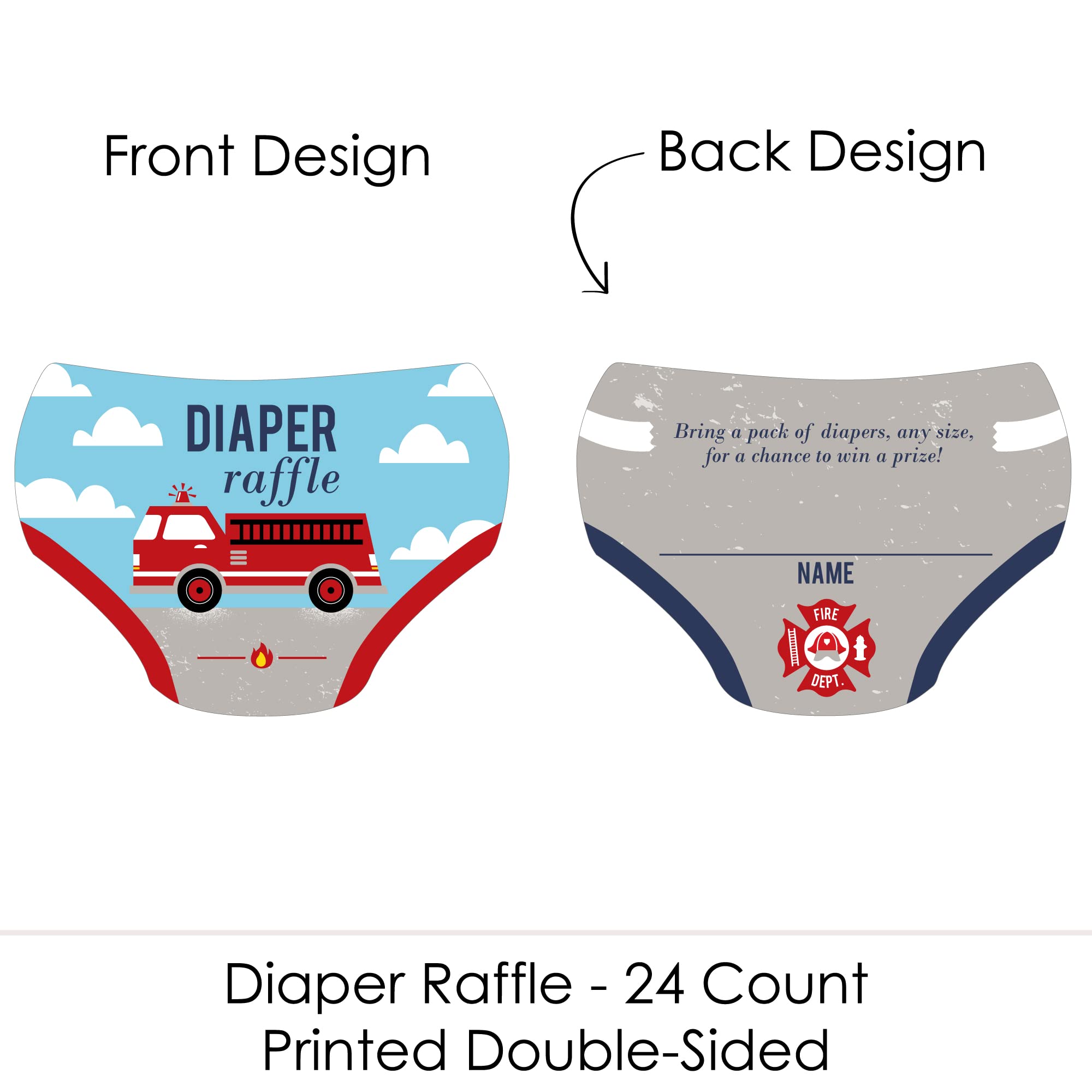 Big Dot of Happiness Fired Up Fire Truck - Diaper Shaped Raffle Ticket Inserts - Firefighter Firetruck Baby Shower Activities - Diaper Raffle Game - Set of 24