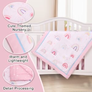 Honkaii Boho Rainbow 3-Piece Crib Bedding Set, Baby Nursery Bedding Sets Including Crib Quilt, Crib Skirt, Crib Sheet, Pink Crib Sets for Girls