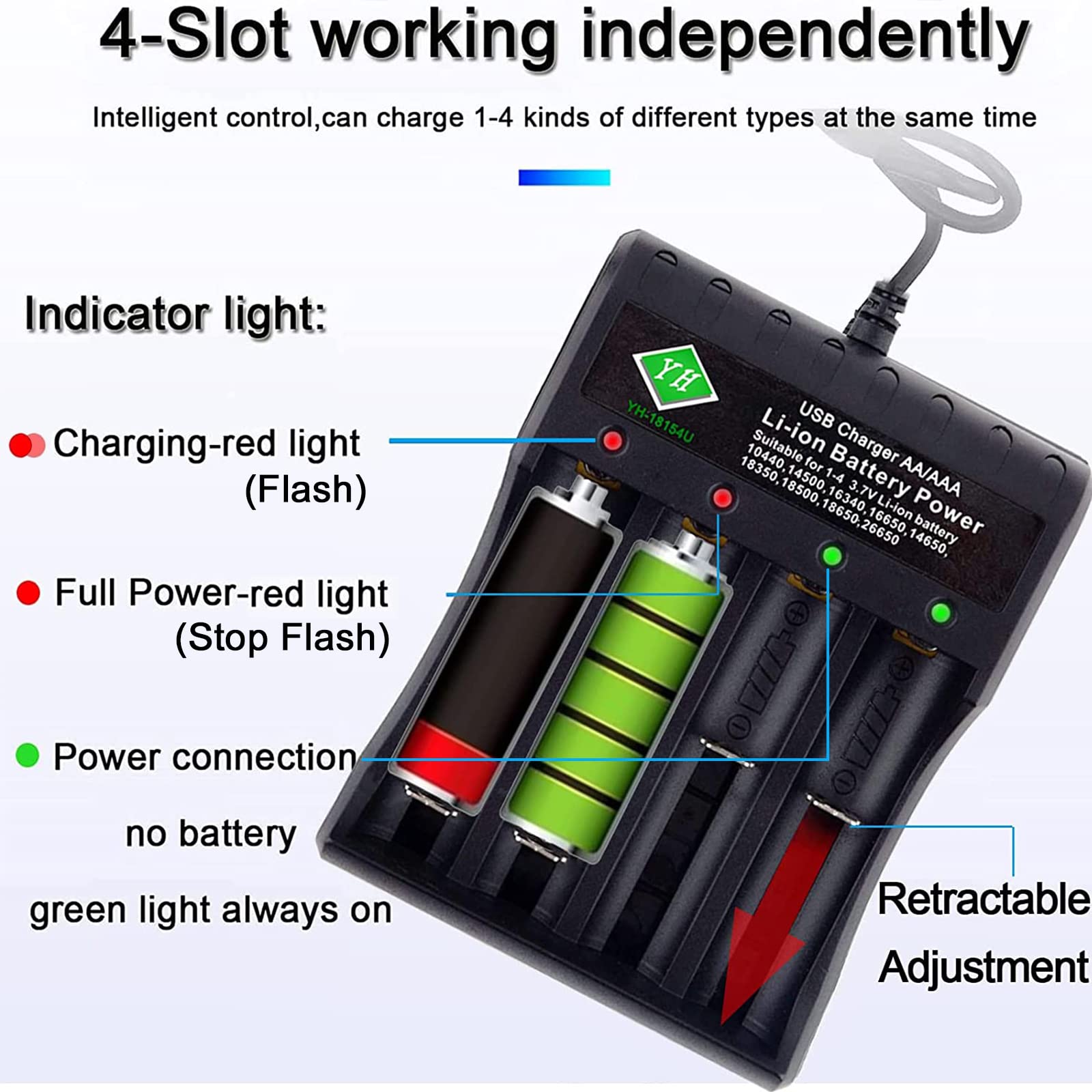 18650 Battery Charger 4 Separate Universal Charger for 3.7V Li-ion Rechargeable Battery 18650 18490 18350 16340 14500 21700(RCR123) Ni-MH Ni-Cd A AA AAA AAAA