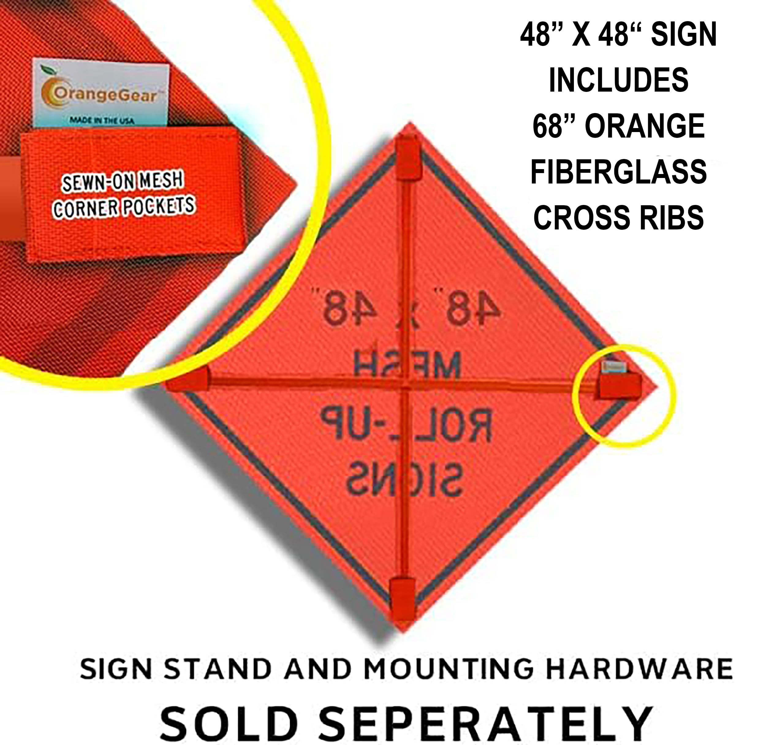 OrangeGear® 48” x 48” MUTCD TTC Compliant Safety Orange Mesh Temporary Traffic Control Rollup Signs (Utility Work Ahead (WITH Ribs))