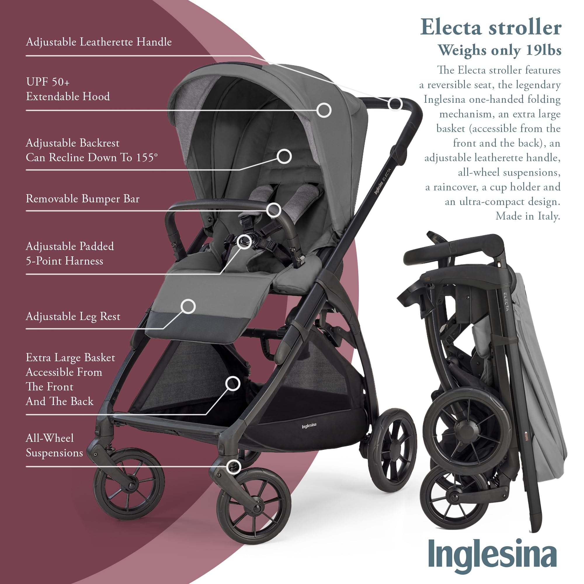 Inglesina Electa Full Size Standard Baby Stroller - Weighs only 19 lbs, Reversible Seat, Compact Fold, One-Handed Open & Close, Adjustable Handle, Large Basket & All-Wheel Suspensions - Chelsea Gray