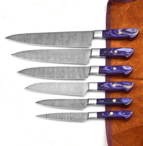 randy custom handmade damascus kitchen knife set- steel blade chef knives sets with leather roll case bag-6pc professional chef's butcher, bbq set purple wood, (1071 purple)