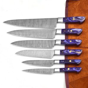 Randy Custom Handmade Damascus Kitchen Knife Set- Steel Blade Chef Knives Sets With Leather Roll Case Bag-6pc Professional Chef's Butcher, BBQ set Purple Wood, (1071 purple)