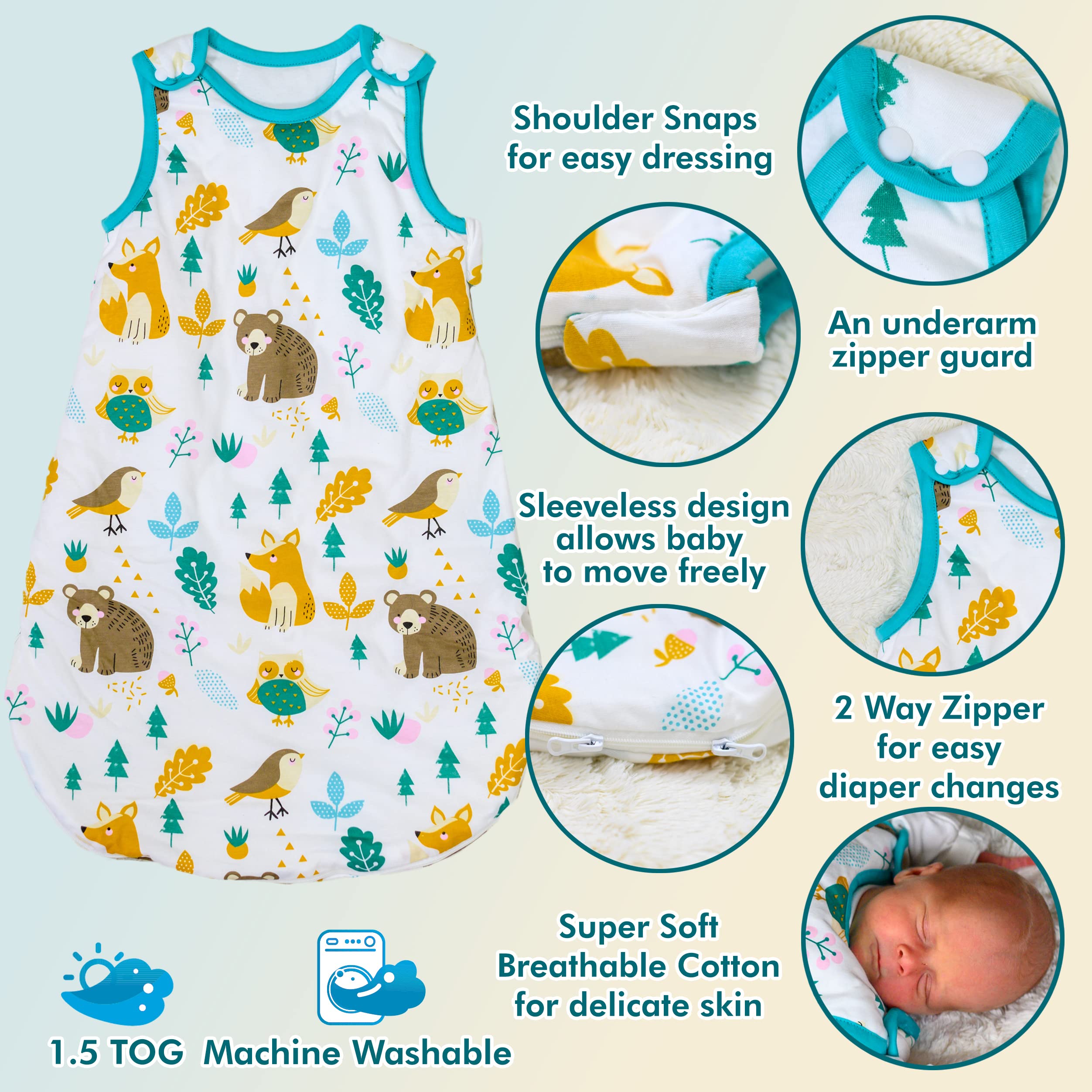 Baby Sleep Sack Sleeveless Wearable Blanket for Girls & Boys Two-Way Zipper Soft Organic Cotton Pajamas with Woodland Pattern (12-24 Months)