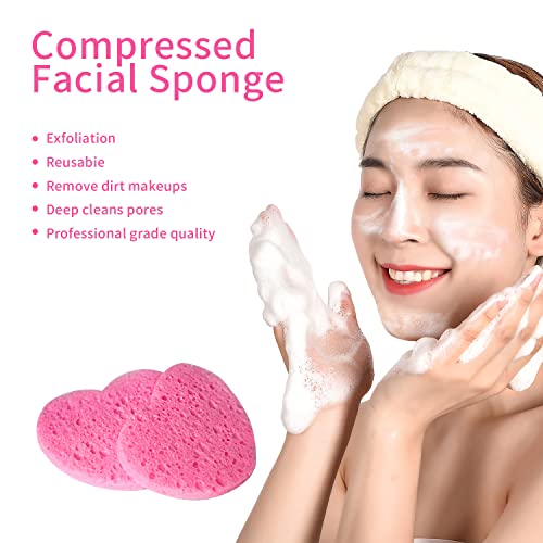 50-Count Facial Sponges Compressed Natural Cellulose Sponge Spunspon Heart Shape Face Sponge for Face Cleansing Exfoliating and Makeup Removal, Pink