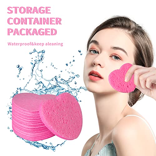 50-Count Facial Sponges Compressed Natural Cellulose Sponge Spunspon Heart Shape Face Sponge for Face Cleansing Exfoliating and Makeup Removal, Pink