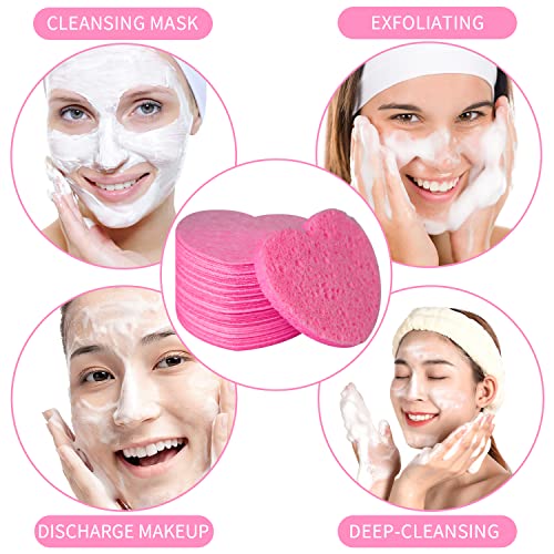 50-Count Facial Sponges Compressed Natural Cellulose Sponge Spunspon Heart Shape Face Sponge for Face Cleansing Exfoliating and Makeup Removal, Pink