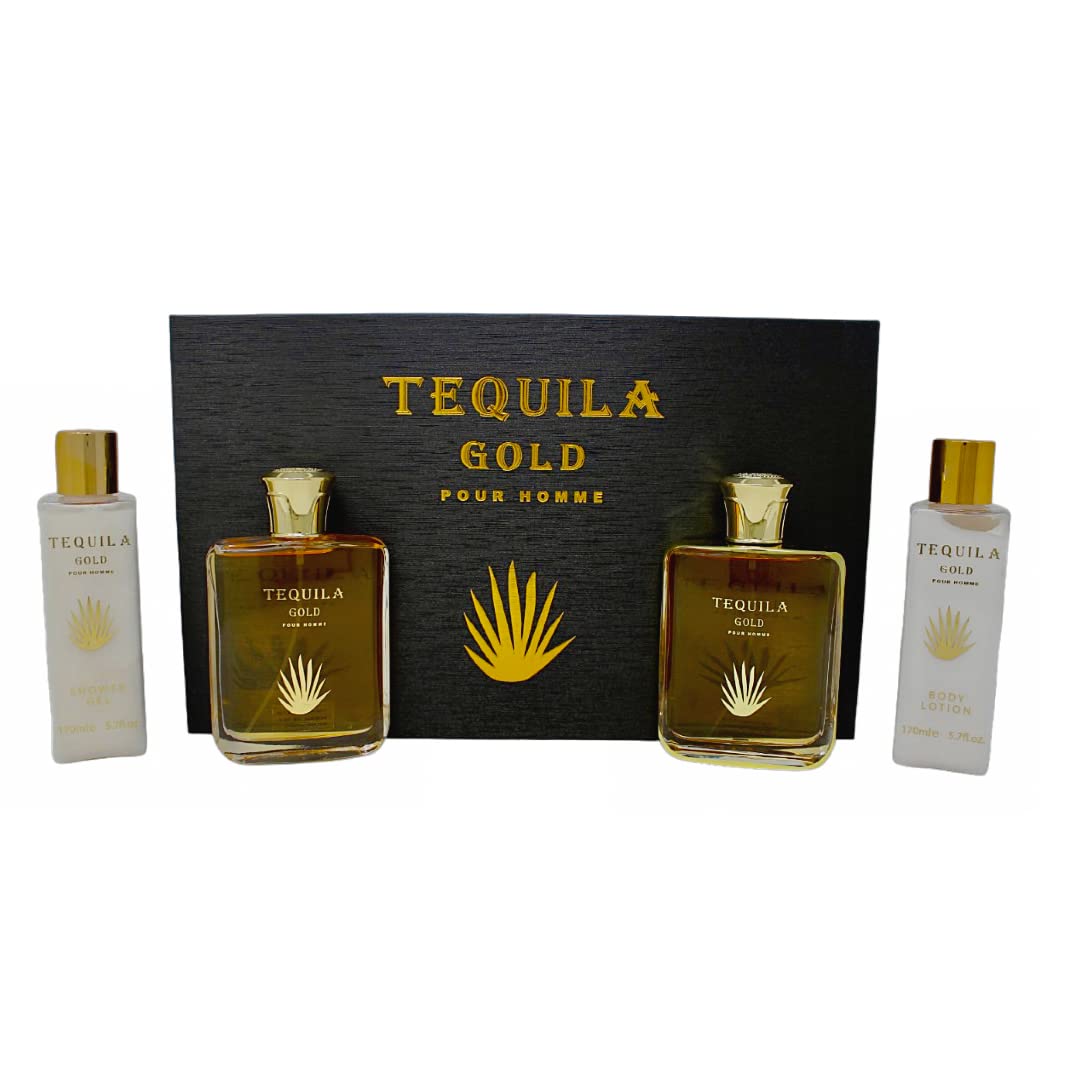 Tequila Gold Pour Homme for Men 4 piece HardBox Set (3.4 Ounce Eau de Parfum + 3.4 Ounce After Shave + 5.7 Ounce Shower Gel + 5.7 Ounce Body Lotion)