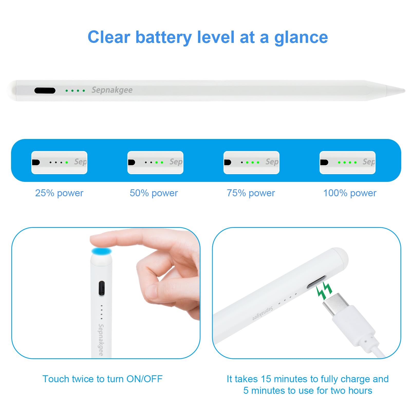 Stylus Pen for iPad, Upgrade Palm Rejection Precise Writing/Drawing and Tilt Sensitivity, Fast Rechargeable Compatible with 2018 and Later Apple iPad, 4 Replacement Tips Compatible with Apple Pencil.