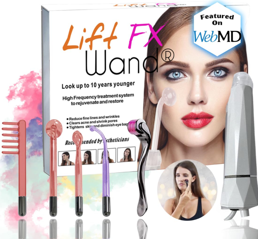 Lift Wand FX Premium High Frequency Wand w/ 5 Attachments Includes 0.3mm Micro-Needle Roller High Frequency Facial Device| Anti-Aging Skin Tightening Facial Wand 20 Watts