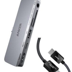 Anker USB C Hub for iPad, 541 USB-C Hub (6-in-1) with 4K HDMI Port, Multi-Function USB-C Port, USB-A Data Port (Gray) 8K@60Hz HDMI Cable