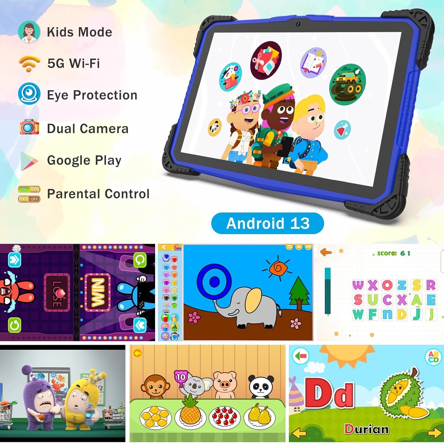 Android 13 Kids Tablet 10 inch Tablet for Kids, 8GB RAM 64GB ROM Toddler Tablets, 8MP Dual Camera, Educational Games Parental Control, Tablet with Kids Software Pre-Installed Kid-Proof YouTube Netflix