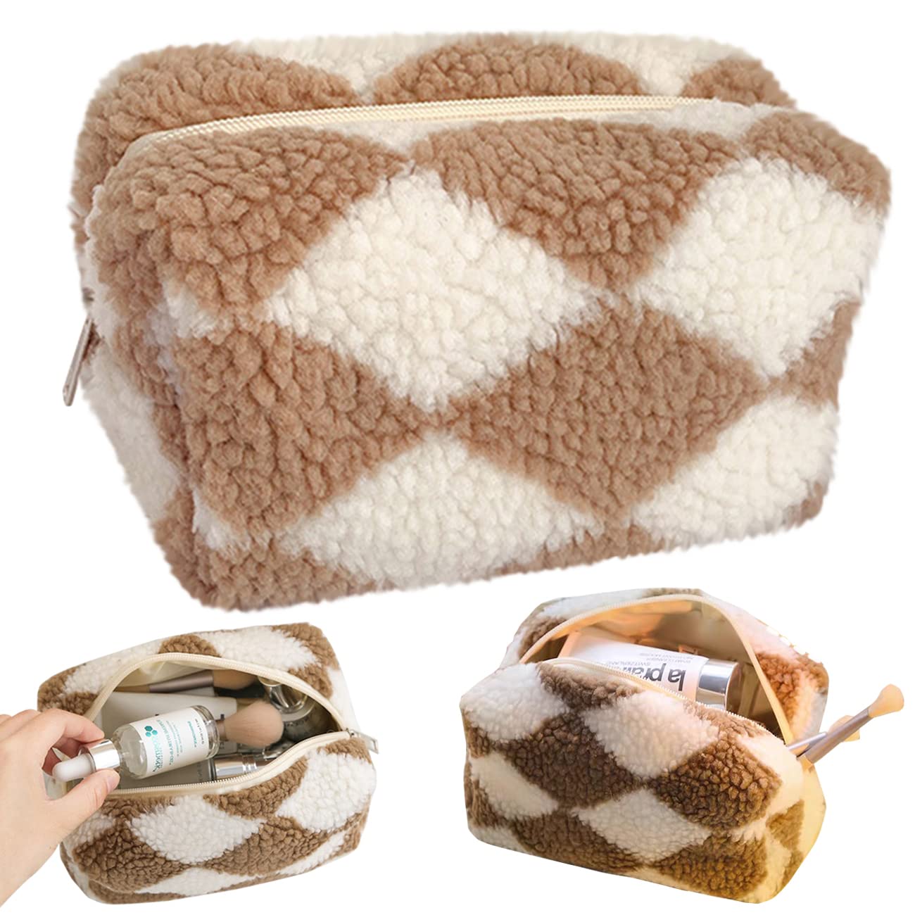 Cessfle Terry Cloth Small Makeup Bag, Checkered Plush Cosmetic Asthetic Plaid Handbags, Cute Zipper Travel Toiletry Soft Storage Pouch for Women