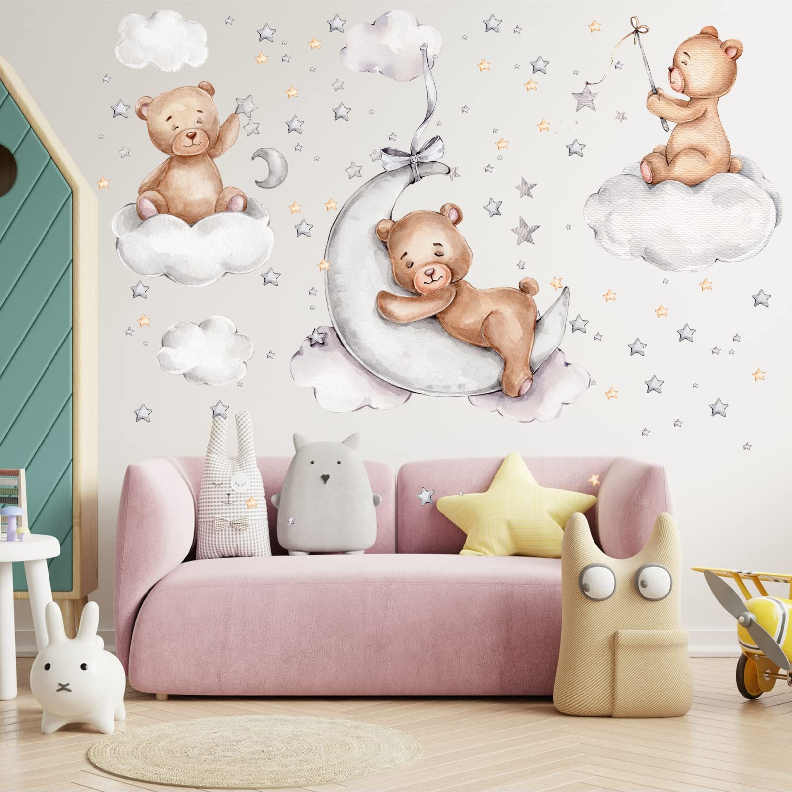 Bear Sleeping on The Moon and Stars Wall Stickers for Kids Room Decals Sweet Dream Moon Star Nursery Decor Baby Toddler Girls Shower Room Interior Decor Kid Playroom Wall Decals (23.6in x 35.4in)