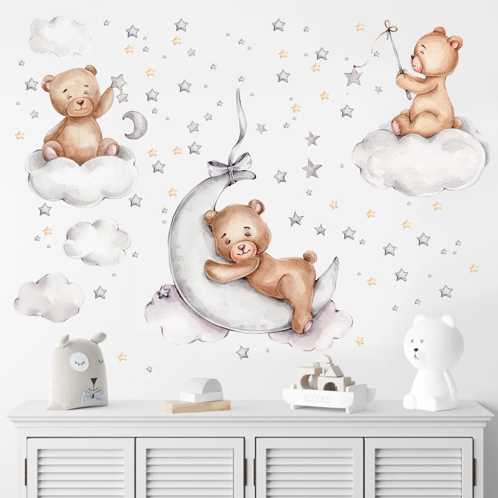 Bear Sleeping on The Moon and Stars Wall Stickers for Kids Room Decals Sweet Dream Moon Star Nursery Decor Baby Toddler Girls Shower Room Interior Decor Kid Playroom Wall Decals (23.6in x 35.4in)