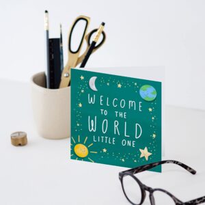 Old English Co. Welcome To The World New Baby Card - Cute Nursery Moon and Stars Card for Baby Girl or Boy | Congratulations to New Parents | Blank Inside & Envelope Included