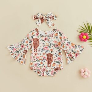 Qiylii Highland Cow Baby Romper Clothes Christmas Infant Girls Heifer Cow Print Flare Long Sleeve Jumpsuit Headband