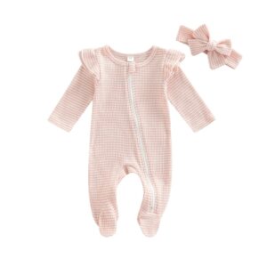 BemeyourBBs Newborn Baby Girl Clothes Ruffle Baby Sleeper Zipper Footie Romper Playsuit with Headband Outfit (Striped Pink,0-3 Months)