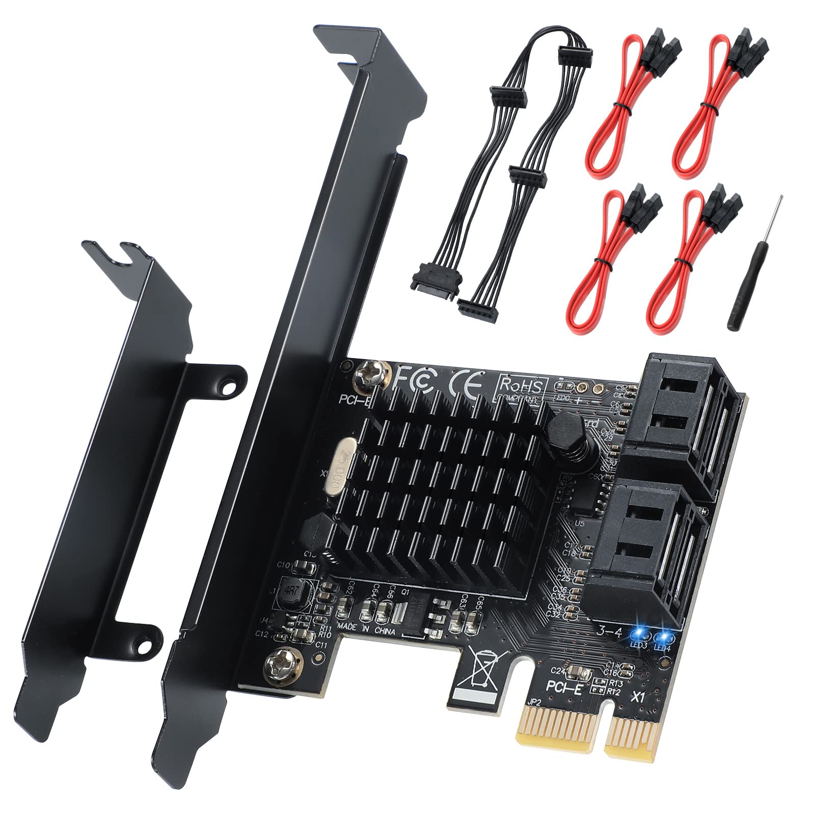 ACTIMED PCI-E X1 to SATA 3.0 Controller Card, 4-Port SATA III 6Gbps Expansion Cards, Supports PCI-Express (1X 4X 8X 16X) Slot, Support SSD and HDD, for Windows10/7/8/XP/Vista/linux