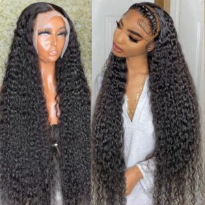 ghotool 250% density 30 inch 13x6 hd transparent lace front human hair wigs for women mongolian deep curly lace front wig human hair pre plucked deep wave frontal wig (30 inch, 13x6 lace front wigs)