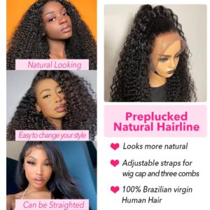 ghotool 250% Density 30 Inch 13x6 HD Transparent Lace Front Human Hair Wigs For Women Mongolian Deep Curly Lace Front Wig Human Hair Pre Plucked Deep Wave Frontal wig (30 Inch, 13x6 Lace Front Wigs)