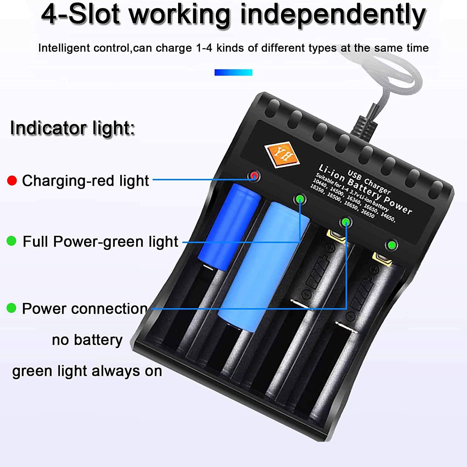 Universal Battery Charger, Fast Charging Function with LED Display, 4-slot Smart Battery Charger for 18650 16340 14500 18350 Rechargeable Batteries