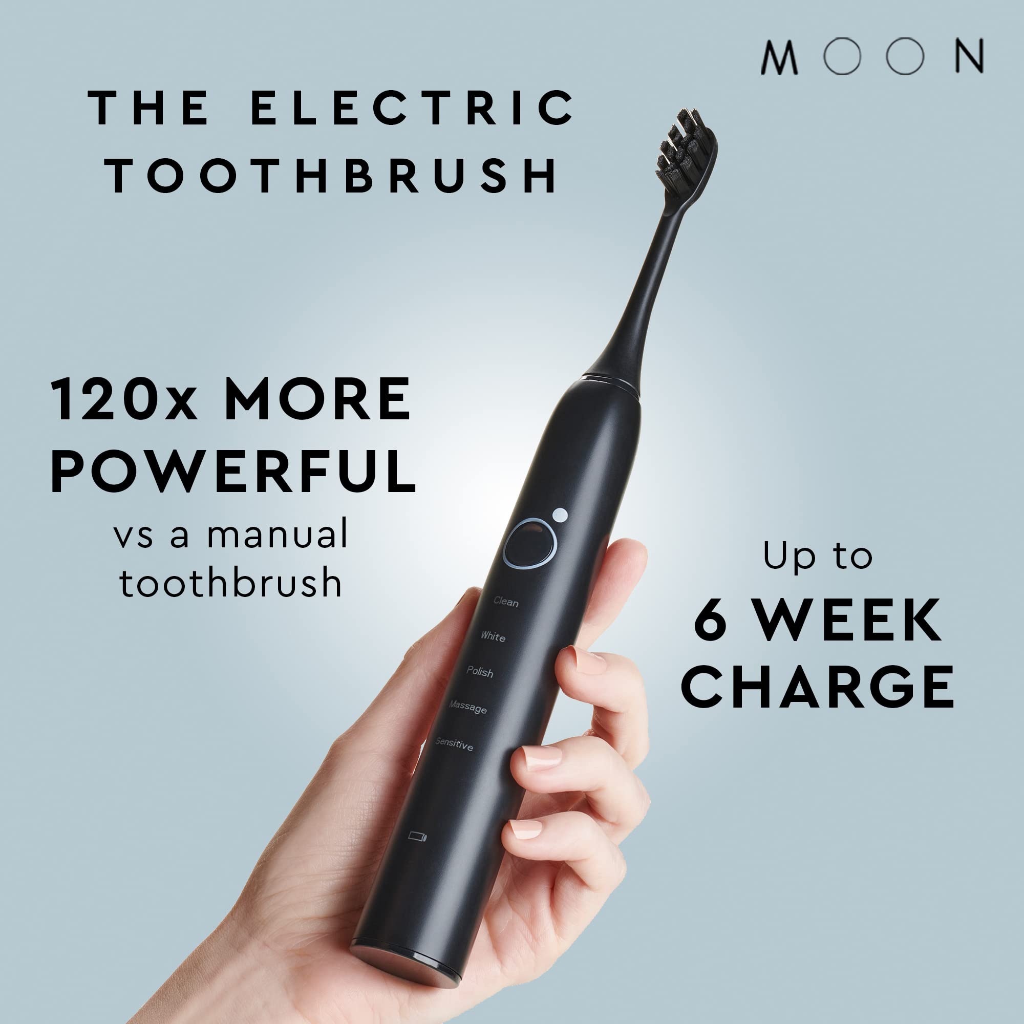 MOON Sonic Electric Toothbrush for Adults, 5 Smart Modes to Clean, Whiten, Massage and Polish Teeth, Rechargeable with Travel Case and 2 Toothbrush Heads, Black