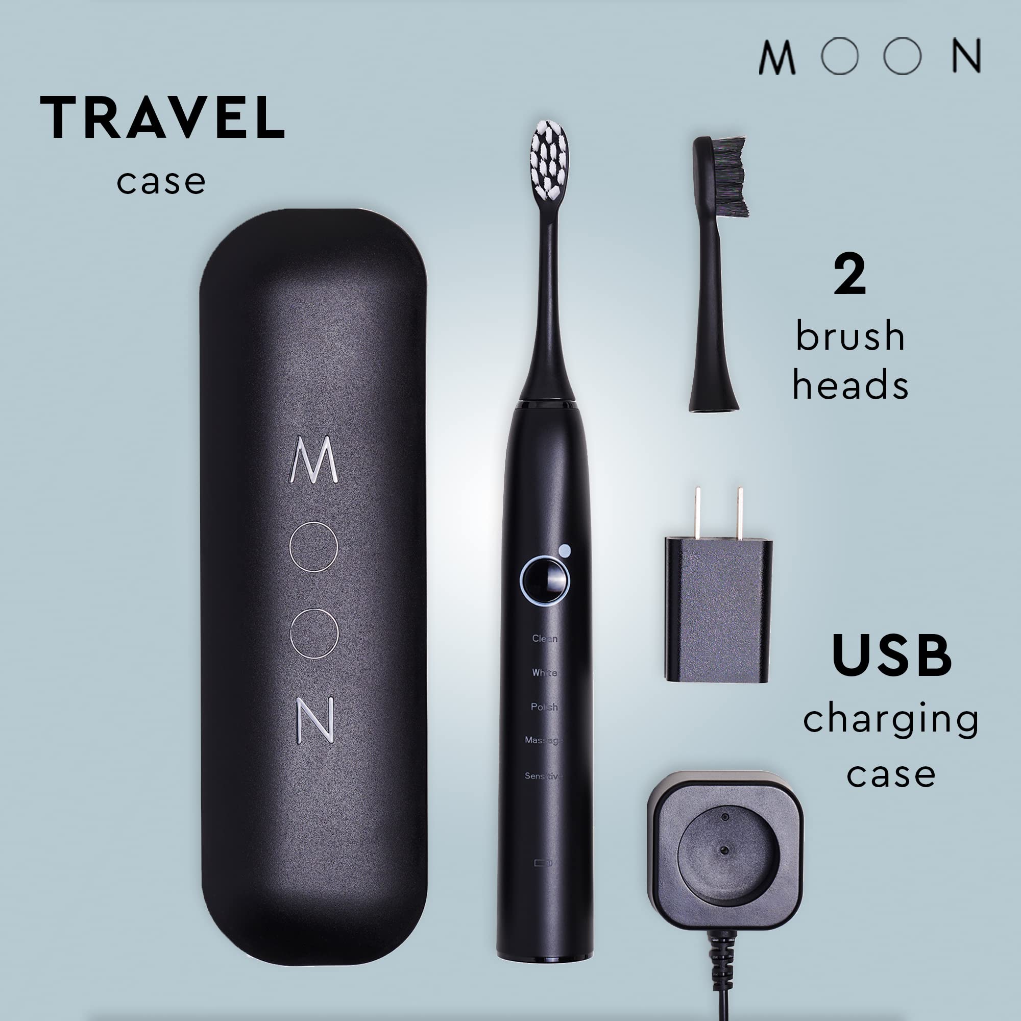 MOON Sonic Electric Toothbrush for Adults, 5 Smart Modes to Clean, Whiten, Massage and Polish Teeth, Rechargeable with Travel Case and 2 Toothbrush Heads, Black