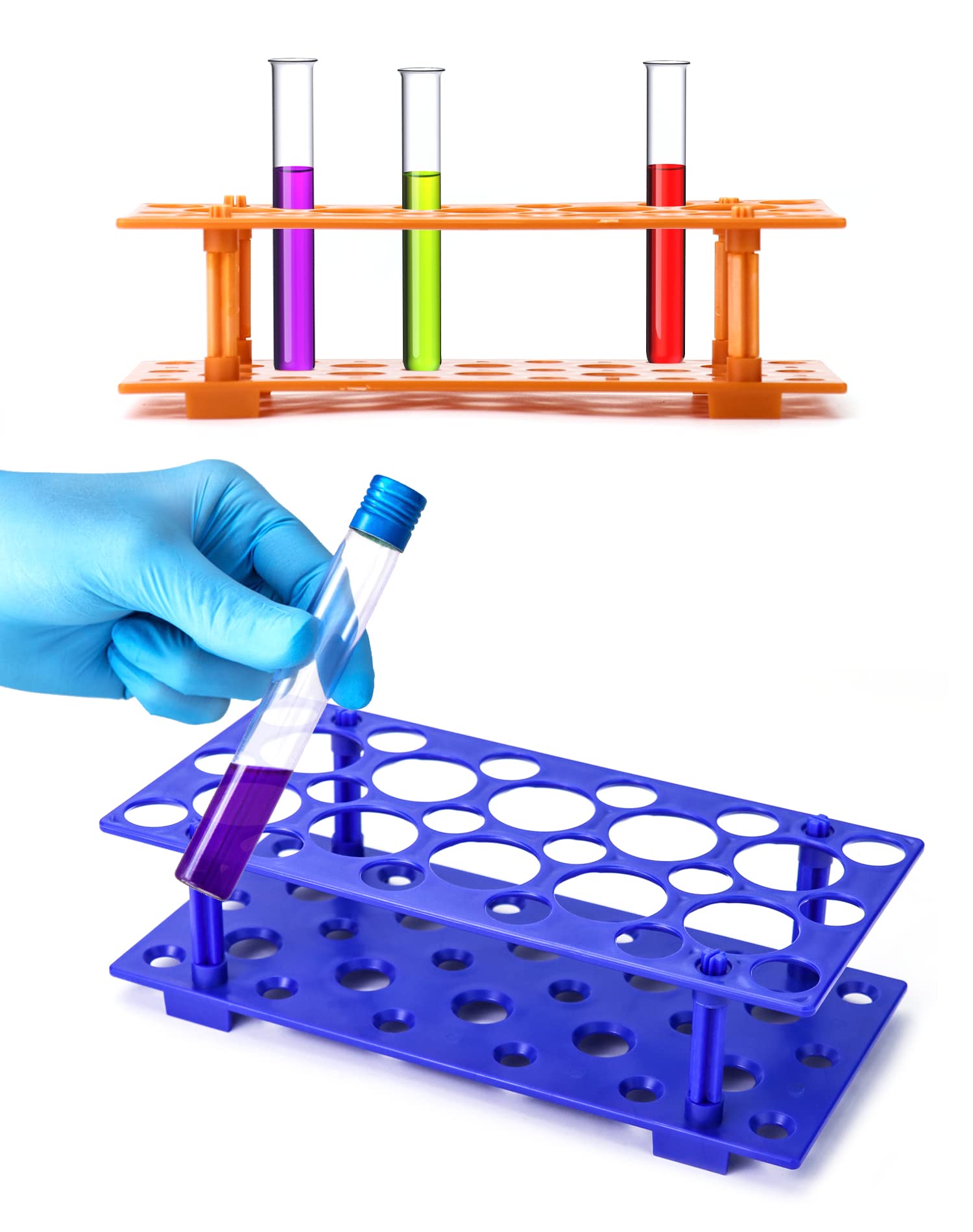 QWORK Plastic Test Tube Rack, 4 Pack Centrifuge Tube Rack Laboratory Holder for 10ml / 15ml / 50ml, 2 Blue and 2 Orange