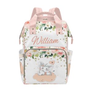 cute pink elephant girl floral personalized diaper backpack with name,custom travel daypack for nappy mommy nursing baby bag one size