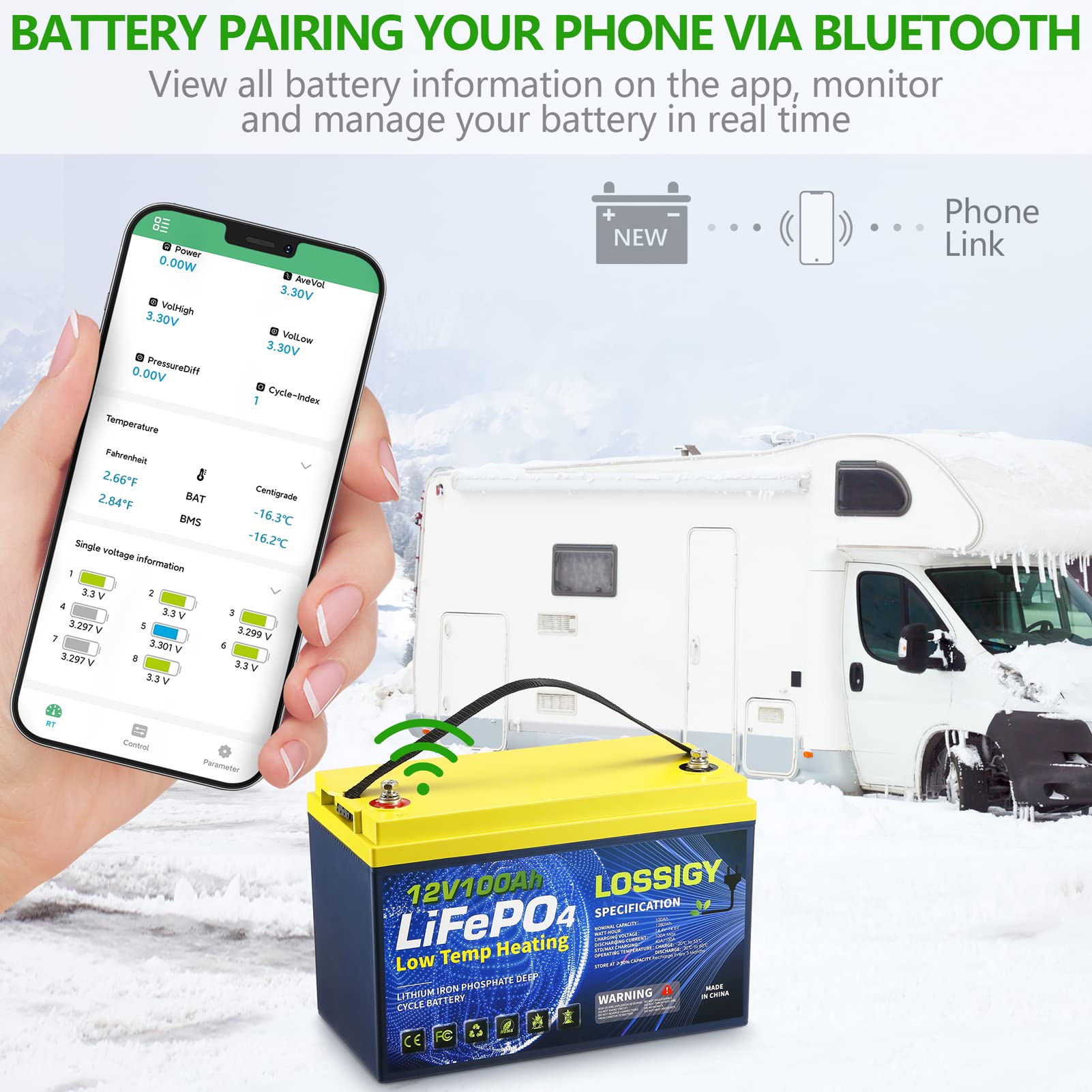 LOSSIGY 12V 100AH LiFePO4 Lithium Battery, Low Temp Protection with 100A Bluetooth BMS, 10 Yrs Lifespan, 400A Peak Current, Perfect for Golf Cart, Trolling Motor, Solar System, RV, Marine