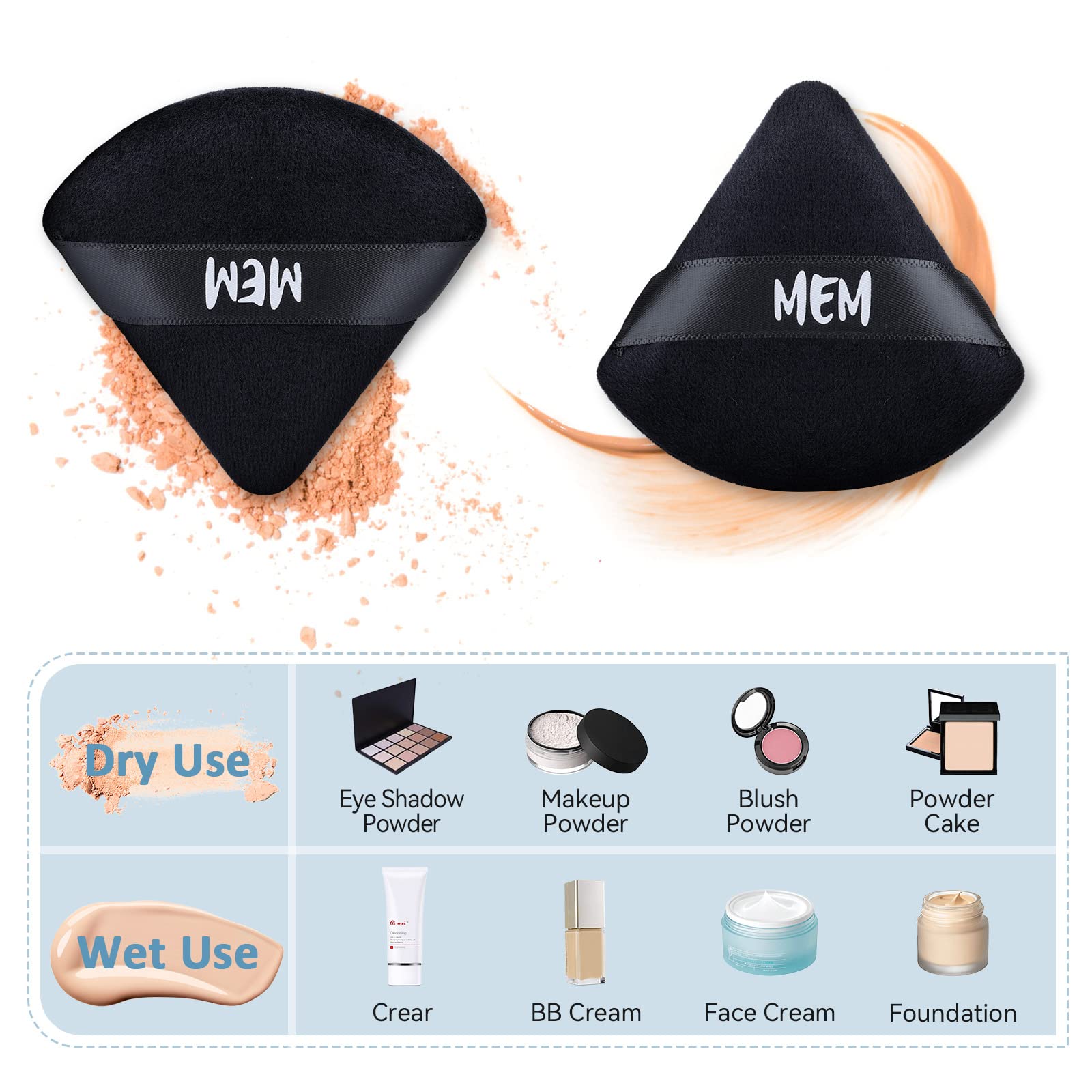 MEM Triangle Powder Puff - 8 Pcs Soft Velour Makeup Puffs for Face Powder Loose Powder Application, Wet and Dry Use, Sponge Beauty Makeup Tools, Skin-Friendly, with Satin Ribbon for Easy Handling