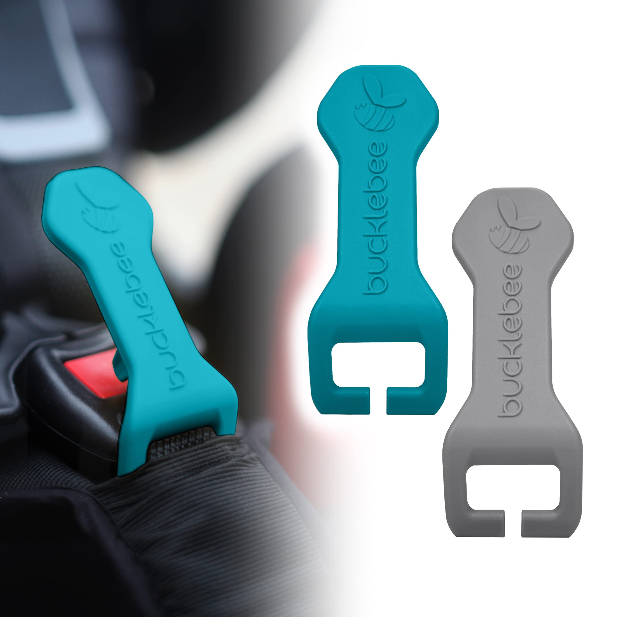 Bucklebee Easy Car Seat Buckle Release Aid for Children Unbuckle Car Seat Release Tool - Car Seat Button Pusher - Car Seat Opener for Nails - Car Seat Buckle Release Tool (Teal and Gray)