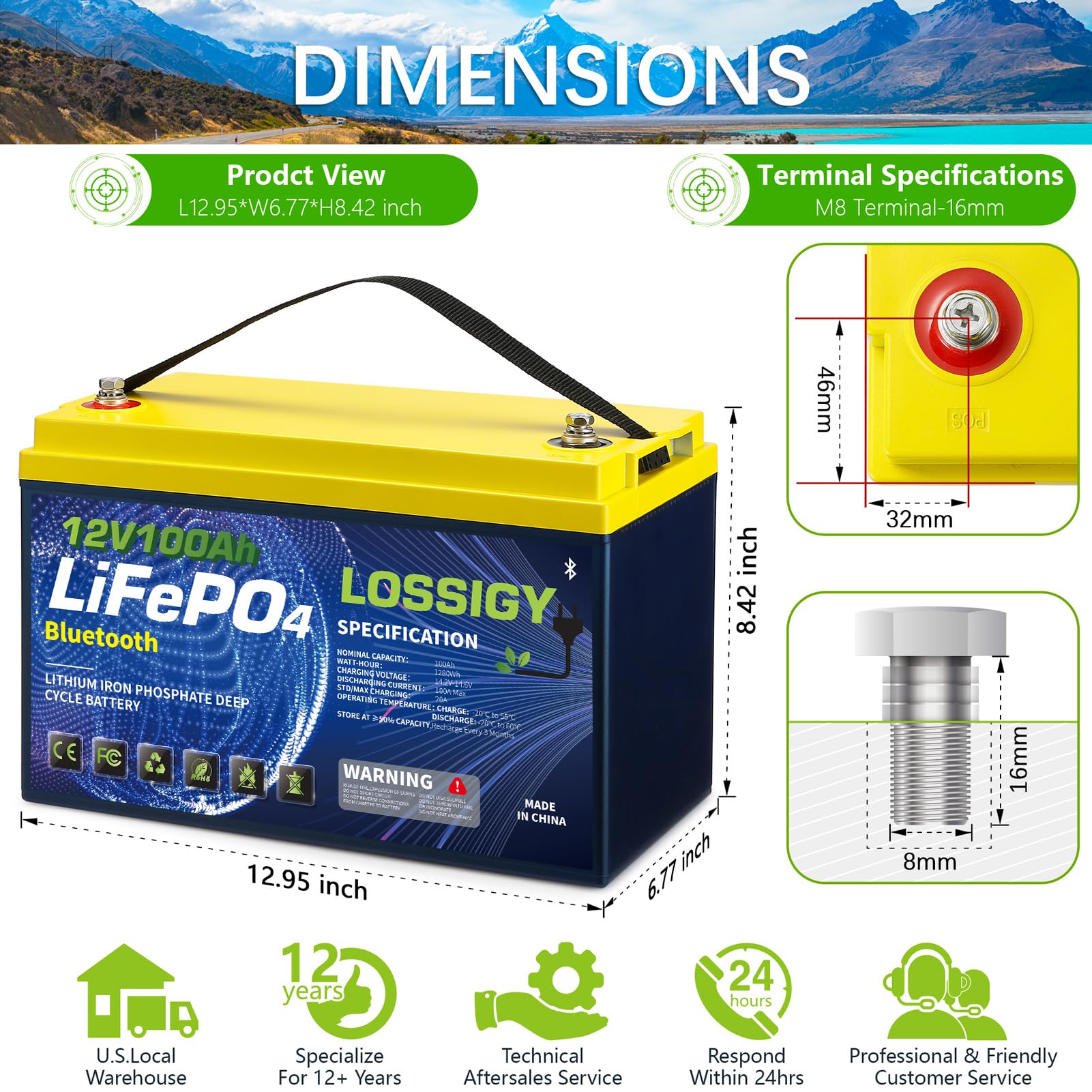 LOSSIGY 12V 100AH LiFePO4 Lithium Battery, Low Temp Protection with 100A Bluetooth BMS, 10 Yrs Lifespan, 400A Peak Current, Perfect for Golf Cart, Trolling Motor, Solar System, RV, Marine