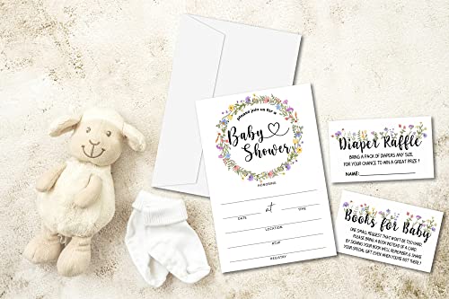 Baby Shower Invitation Kit, Diaper Raffle Games, Books For Baby, Greenery Boho Floral Baby Gender Reveal Fill In Invites Cards, Each Design 25 Cards & 25 Envelopes （A Total of 100 set）- BABYSET-013