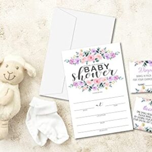 Baby Shower Invitation Kit, Diaper Raffle Games, Books For Baby, Blush Pink Floral Baby Gender Reveal Fill In Invites Cards, Each Design 25 Cards & 25 Envelopes （A Total of 100 set） - BABYSET-001