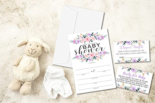 Baby Shower Invitation Kit, Diaper Raffle Games, Books For Baby, Blush Pink Floral Baby Gender Reveal Fill In Invites Cards, Each Design 25 Cards & 25 Envelopes （A Total of 100 set） - BABYSET-001