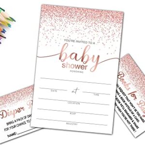 Baby Shower Invitation Kit, Diaper Raffle Games, Books For Baby, Pink Rose Gold Baby Gender Reveal Fill In Invites Cards, Each Design 25 Cards & 25 Envelopes （A Total of 100 set） - BABYSET-003