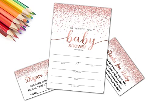 Baby Shower Invitation Kit, Diaper Raffle Games, Books For Baby, Pink Rose Gold Baby Gender Reveal Fill In Invites Cards, Each Design 25 Cards & 25 Envelopes （A Total of 100 set） - BABYSET-003