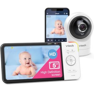 vtech rm5764hd 1080p smart wifi remote access baby monitor, 360° pan & tilt, 5" 720p hd display, hd night vision, soothing sounds, 2-way talk, temperature sensor, motion detection, ios & android