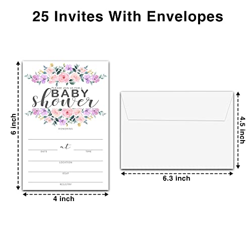 Baby Shower Invitation Kit, Diaper Raffle Games, Books For Baby, Blush Pink Floral Baby Gender Reveal Fill In Invites Cards, Each Design 25 Cards & 25 Envelopes （A Total of 100 set） - BABYSET-001