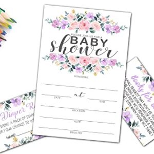 Baby Shower Invitation Kit, Diaper Raffle Games, Books For Baby, Blush Pink Floral Baby Gender Reveal Fill In Invites Cards, Each Design 25 Cards & 25 Envelopes （A Total of 100 set） - BABYSET-001