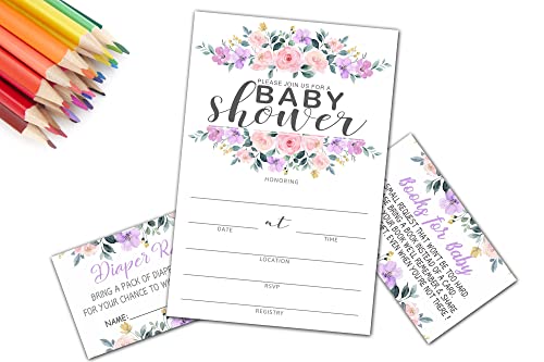 Baby Shower Invitation Kit, Diaper Raffle Games, Books For Baby, Blush Pink Floral Baby Gender Reveal Fill In Invites Cards, Each Design 25 Cards & 25 Envelopes （A Total of 100 set） - BABYSET-001